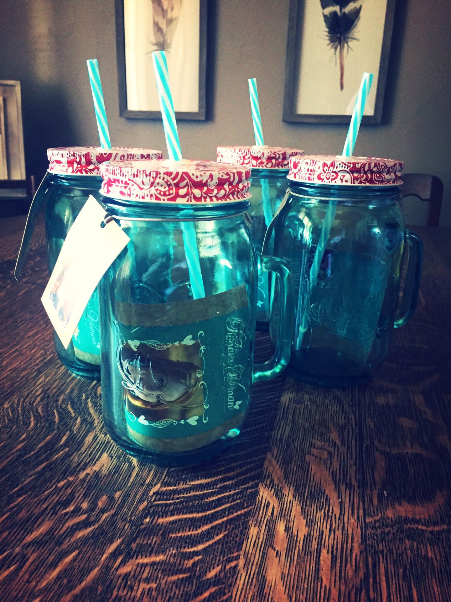 The Pioneer Women Sunny Days Teal Drinking Glass with Straw and Lid Mason jar,32 Ounces