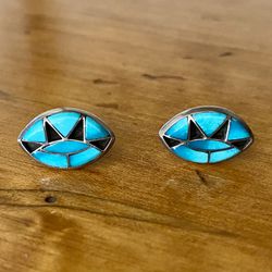 Native American Sterling Silver Turquoise Oval Stud Earrings