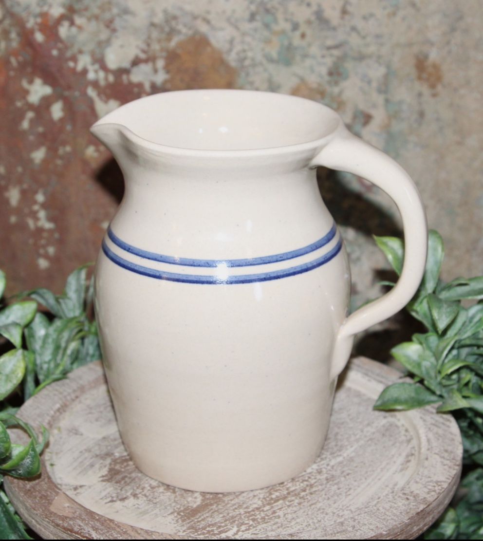 Vintage Marshall Pottery Blue Stripe Primitive Farmhouse Stoneware Crock Pitcher