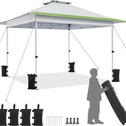 13x13 Pop Up Canopy Tent, Straight Leg Easy Single Person Set-up Folding Shelter w/Extending Eaves w/Rolling Storage Bag & Sandbags for Garden, Patio,