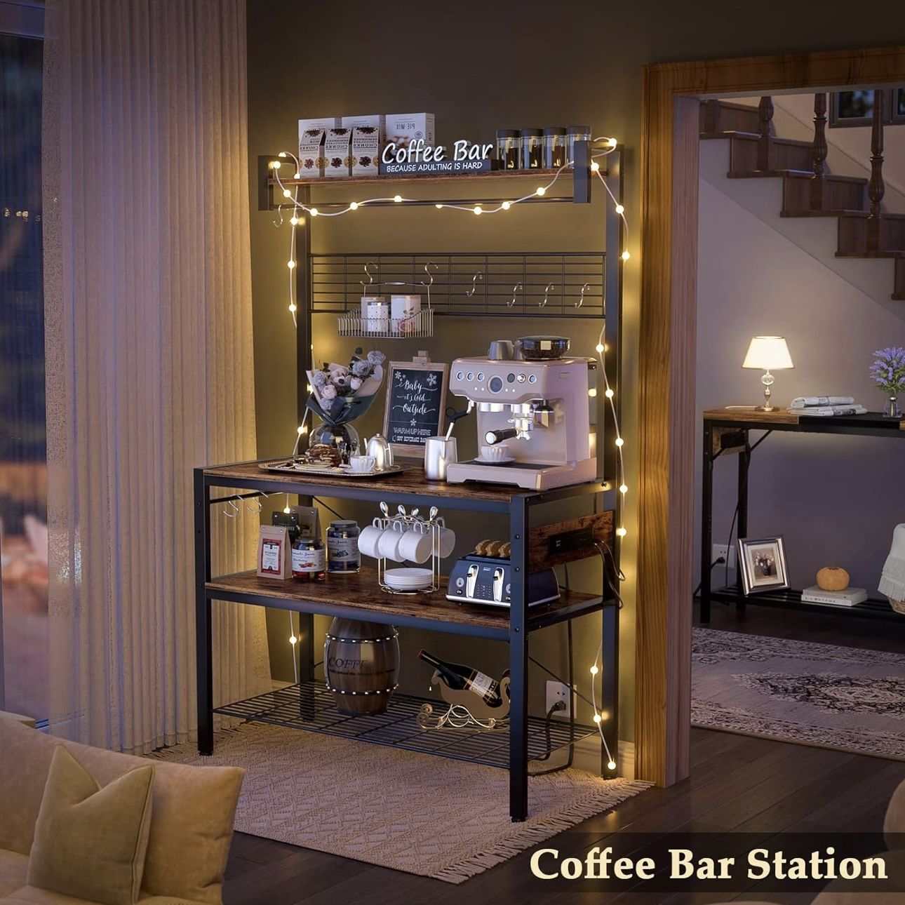 Armocity Bakers Rack with Power Outlets – 4‑Tier Microwave Stand & Coffee Bar Station, Like New 