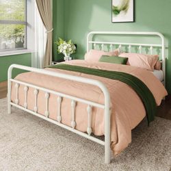 Queen Size Metal Platform Bed Frame with Victorian Style Iron-Art Headboard and Footboard, White.