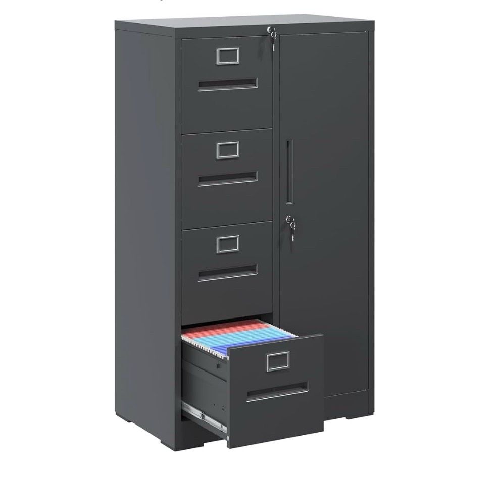 V297-File Cabinet 4 Drawer, Vertical File Cabinet with Lock and 1 Door, File Cabinet with Storage Shelves for A4 Legal/Letter, Assembly Required (Blac