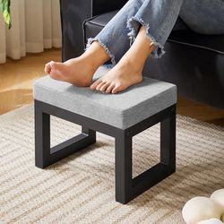 16 Inch Small Foot Stool Ottoman, Rectangle Linen Foot Rest with Padded Seat and Metal Legs, Modern Ottoman Foot