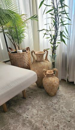Large Vase with Identical Smaller Vase W/ Rattan Weave Accent