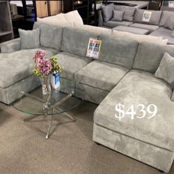 Beautiful! U Shaped Sectional Sofa Grey Corduroy New