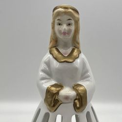 Hand Painted Napkin Holder Angel Lady Vintage White Gold Ceramic Holiday