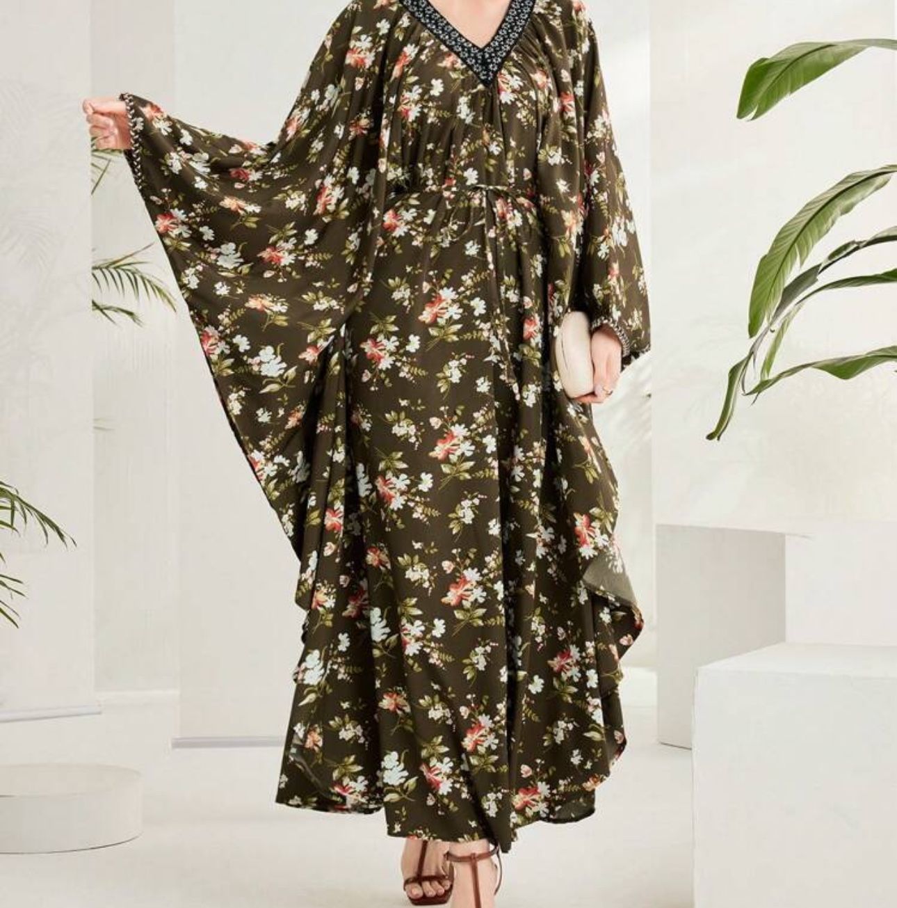 Floral Print Batwing Sleeves Long Dress Size Large