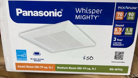 Panasonic® Whisper MIGHTY® PICKAFLOW Customizable Airflow 70 CFM 90 CFM Sound 0.7/ 1.5 SONES SONES 3 Year LIMITED WARRANTY energy ENERGY STAR No Attic