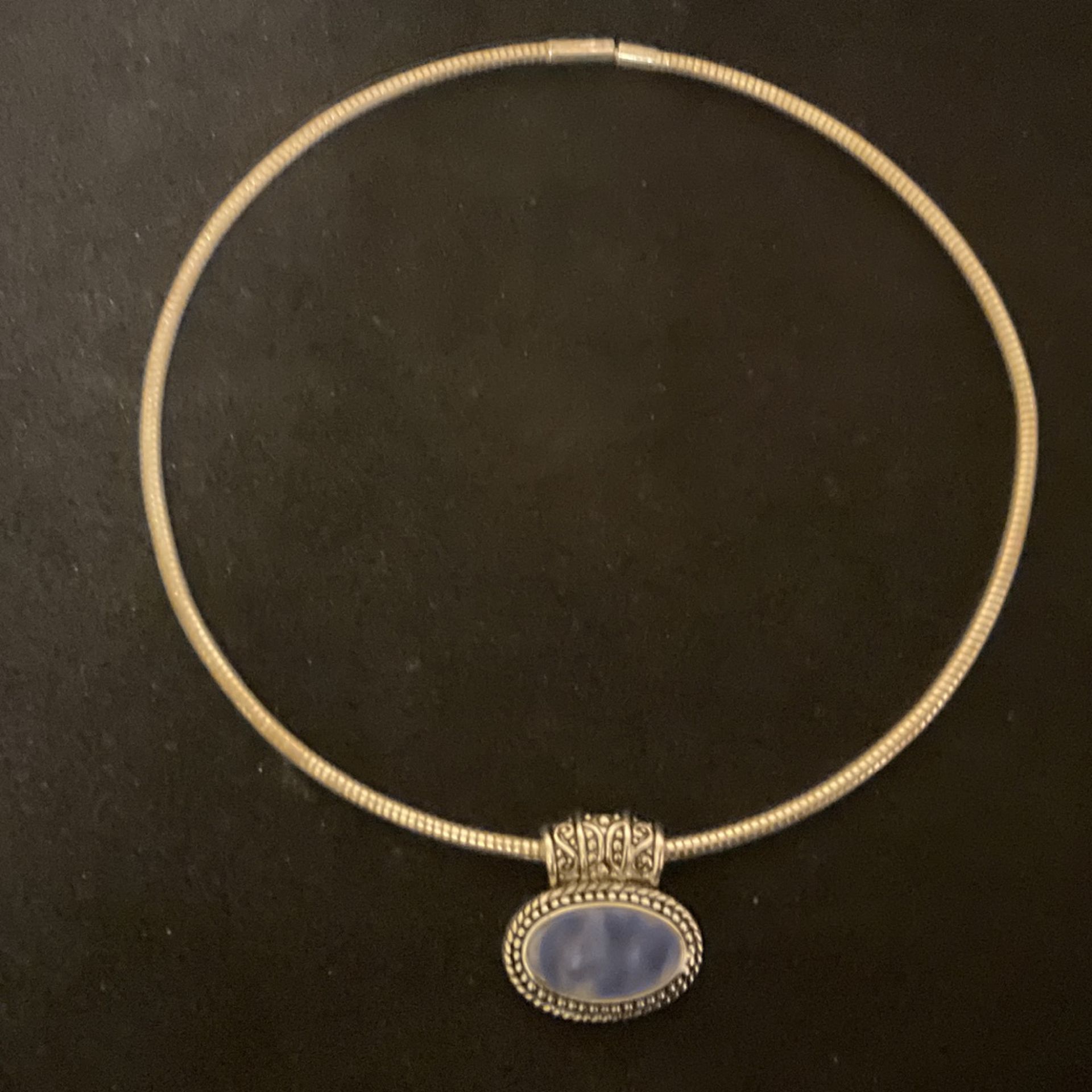 SilverTone Choker Necklace And Pendant With Blue Metallic Shell
