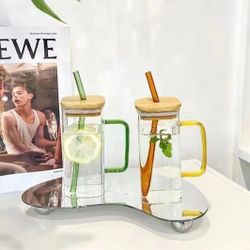 400ml Home use square high borosilicate glass strow cup with colorful Set Of 2