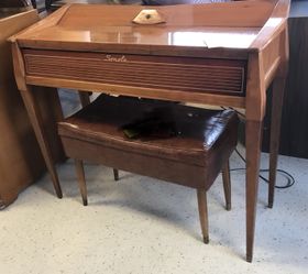 Rare MCM 1950s vintage Sonola keyboard finished wooden case stand legs chord organ with bench seat chair