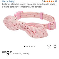 Collar de algodón suave y ligero con lazo de nudo atado a mano para perros medianos. (M, cereza)