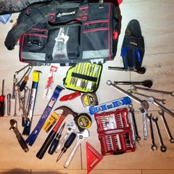 Assorted Tools, Milwaukee, Craftsman, Snap On ½ Flat Head, Etc. In Husky Tool Bag. Firm Price For All 