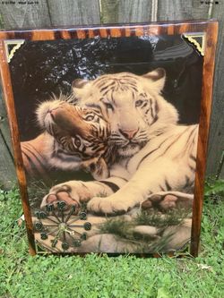 Vintage 70’s Large Bengal Tiger Photo Wooden Wall Artwork Clock (clock doesn’t work)