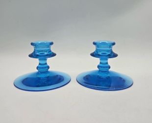 MCM Vintage Fostoria Electric Blue  Candlestick Holders Set of 2 Pair Candle