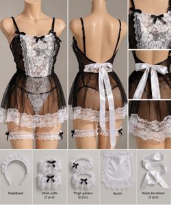 French Maid Costume Lingerie Set Black White Lace Sheer Dress Apron Headband