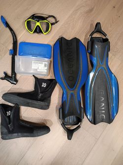 *SCUBA*  Oceanic Fins, Goggles, Snorkel,size 10 water shoes