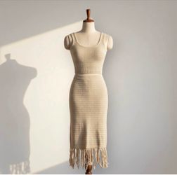 Beige Knit Two-Piece Set Crop Top and Fringe Midi Skirt set size small