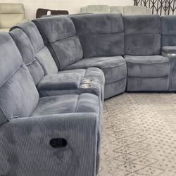 Gray Corduroy Sectional Sofa With Cup Holder 