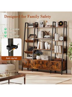 kepptory Triple Wide Ladder Bookshelf with Storage Cabinets (Brown)