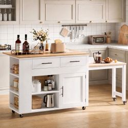 Kitchen Island Cart on Wheels – Drop Leaf & Built-In Outlet
