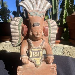 Aztec Mayan Folk Art Terracotta Pottery Warrior God Idol Figure Vase Mexico
