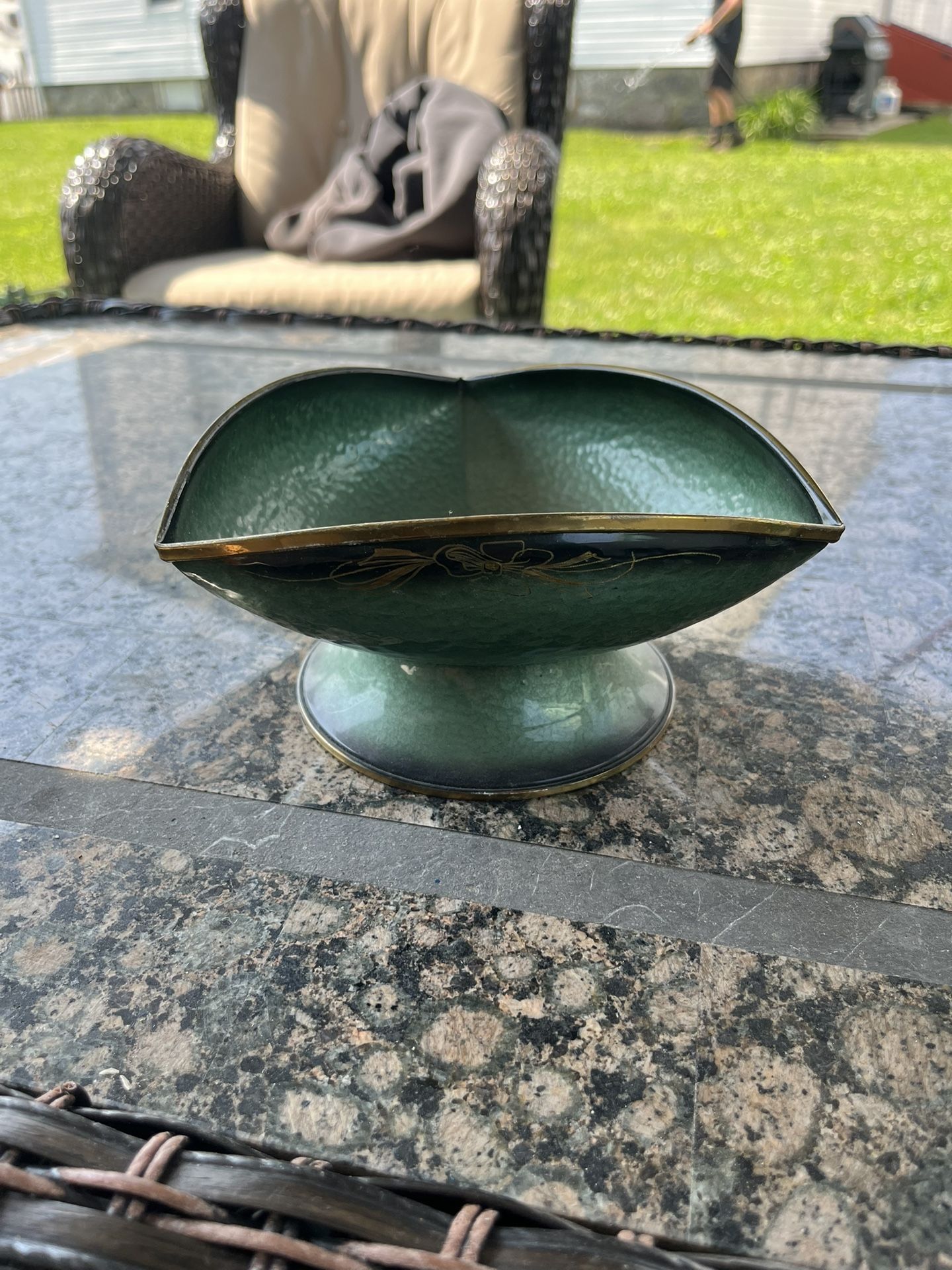 Vintage Israel A. N. Oppenheim green Enamel over brass triangular Bowl