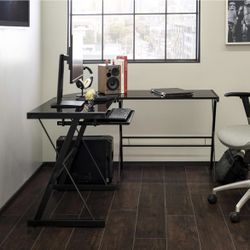 L shaped glass computer table