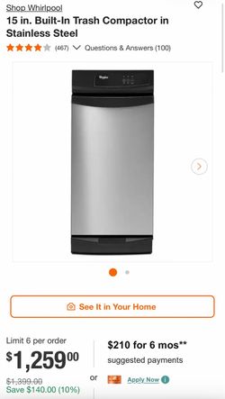 Shop Whirlpool 15 in. Built-In Trash Compactor in Stainless Steel