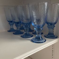 Blue Drinking Glass Goblets 7”.  Set Of 8