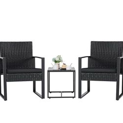 3 Pieces Patio Set Outdoor Wicker Furniture Sets Modern Rattan Chair Conversation Sets with Coffee Table for Yard and Bistro (Black) brand new in box 