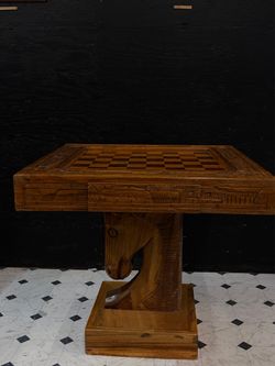 Vintage Hand-Carved Wooden Chess Table with Full Matching Set