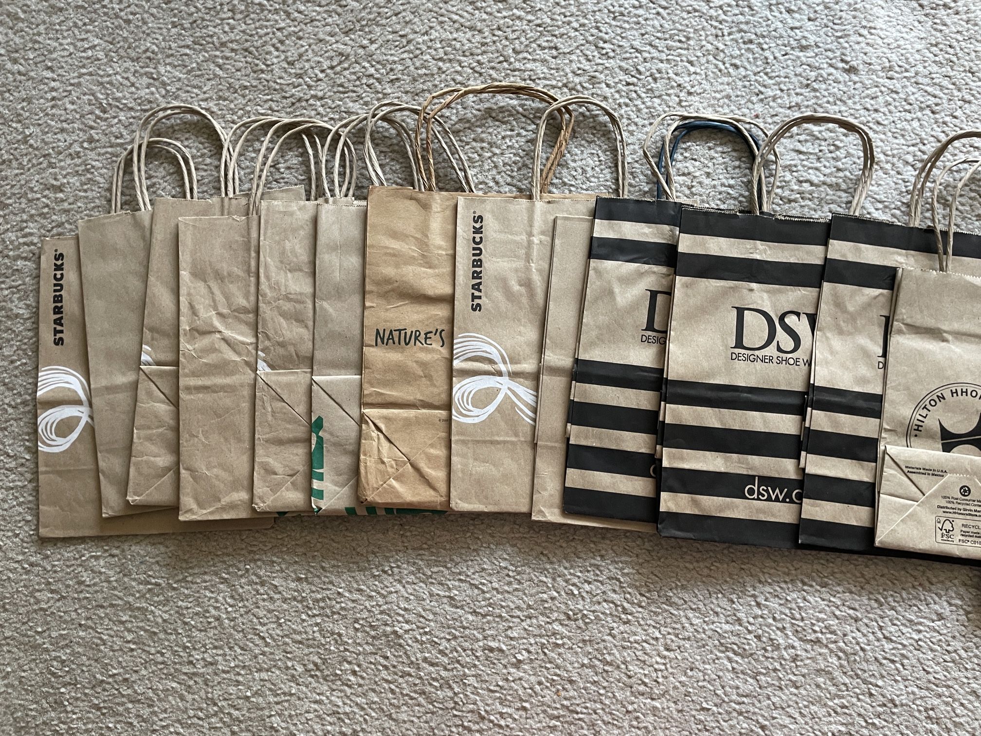 Lot of 69 Brown Shopping Paper Bags - Medium and Large - Handles