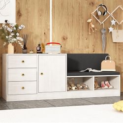 Storage Bench with 2-Tier Shelf, 3 Drawers and 2 Compartments, Modern Entryway Bench with Padded Cushion and Storage, Wooden Shoe Bench for Bedroom, L