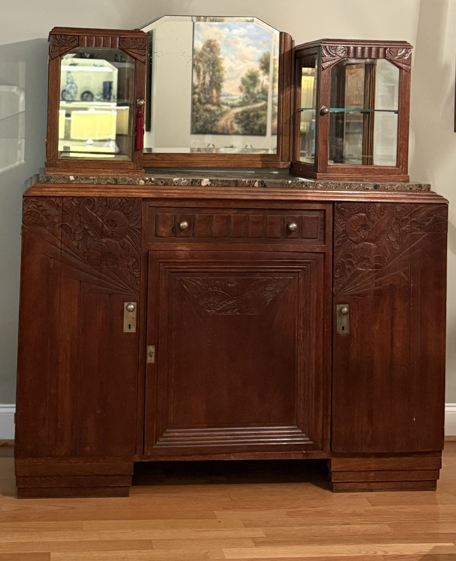 Late 1800’s French Antique Hand Carved Red Oak Sideboard, Marble Top, 2glass Cabinets With Shelves, Beautiful Mirror