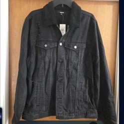 Men's Denim Jacket Large Distressed Trucker Sherpa 