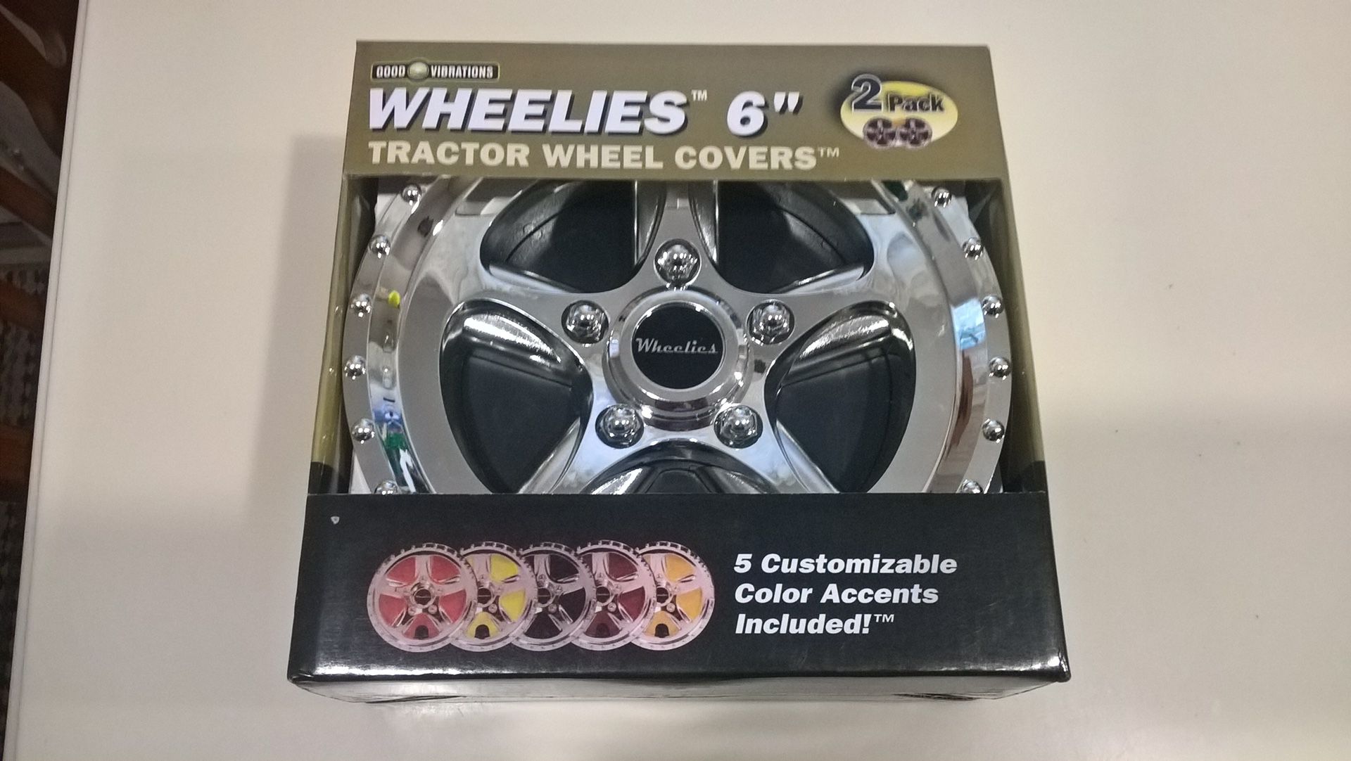 Good Vibrations .. Wheelies 6" Tractor Wheel Covers .. Brand New. There are 2 covers in box Wheelies fit on most front Lawn Tractor wheels. 5 Custom