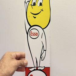 VINTAGE 1962 ESSO OIL MAN ALUMINUM TIN METAL SIGN 16”x4” Large 