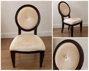 Set of 4 Vintage Upholstered Dining Chairs – Dark Wood Round Back