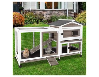 New -57" L Rabbit Hutch Indoor Outdoor 2 Story Large Bunny Hutch with Run Guinea Pig Cage Wooden Rabbit Cage with Removable 3 Pull Out Trays Pet House