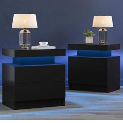 Black Nightstand LED Set of 2 Black Bedside Table LED Night Stand with LED Lights Modern End Side Table with 2 Drawers for Bedroom