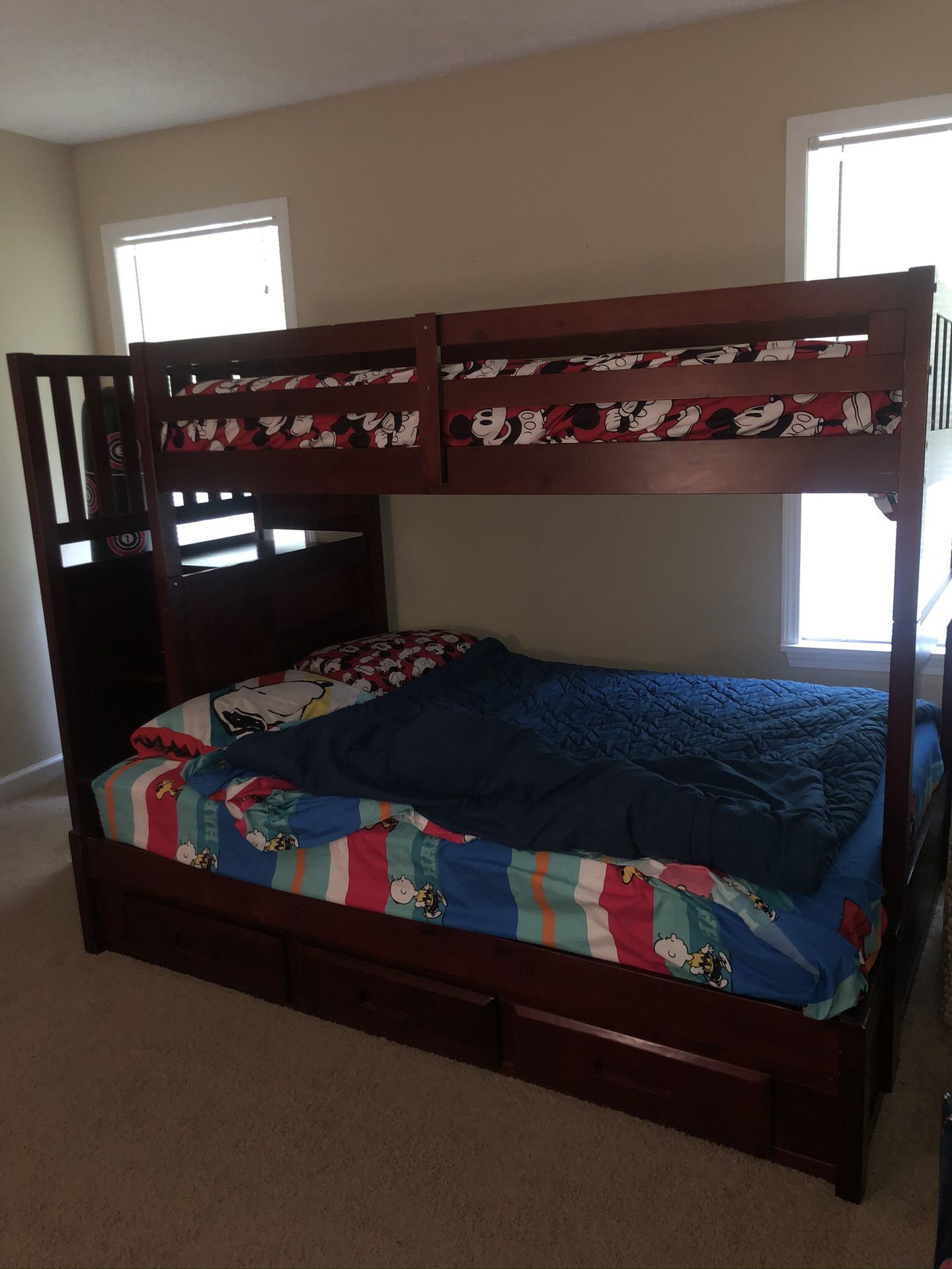 Cherry wood bunk beds with drawers & mattresses