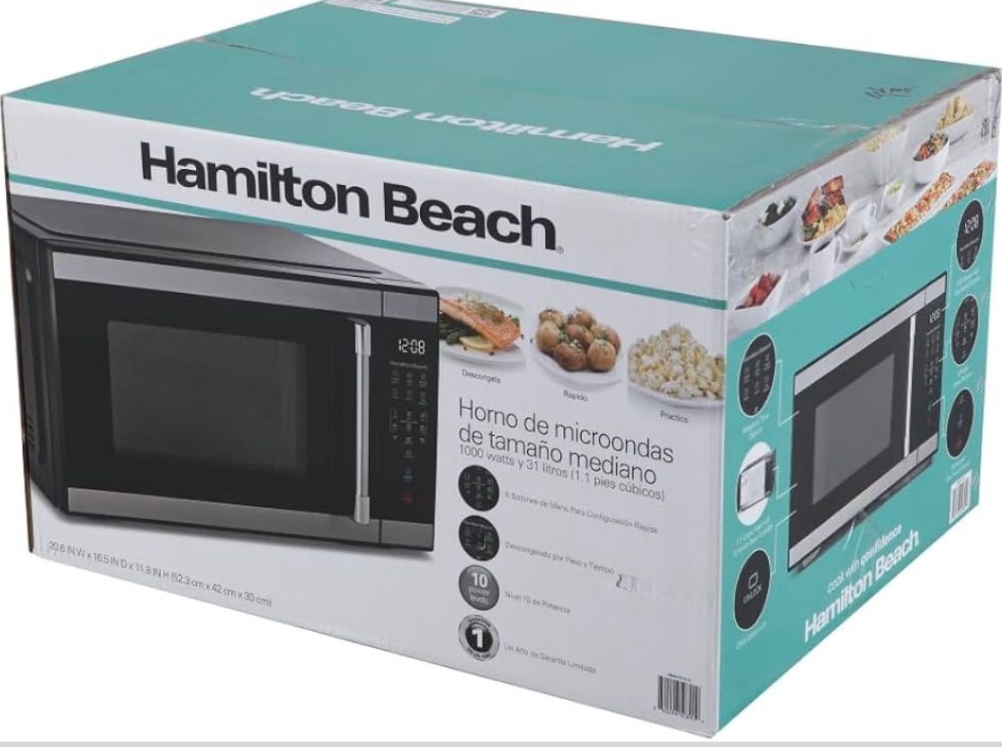 Brand New Hamiilton 1.1 Cu ft Countertop Microwave Oven in Stainless Steel, Sensor Cook