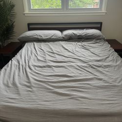 Queen Size Metal Platform Bed Frame with Wooden Headboard and Footboard
