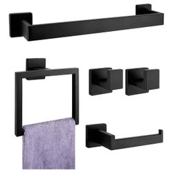 5-Pieces Matte Black Bathroom Hardware Accessories Set, SUS304 Stainless Steel Bath Towel Bar Set, Towel Racks for Bathroom Wall Mounted.