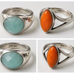 Sterling Silver 925 Orange Coral / Jasper Stone Ring