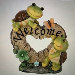 Garden Statue Figurine-Two Loved Turtles Welcome, Solar Powered