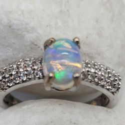 Ethiopian Welo Opal. Zircon.  Ring. 