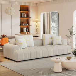 Mid-Century Modern Sofa, 103.9" Corduroy Fabric Couch with Rubber Wood Legs and 4 Pillows, Sleeper Sofa for Living Room Bedroom Office Apartment, Beig